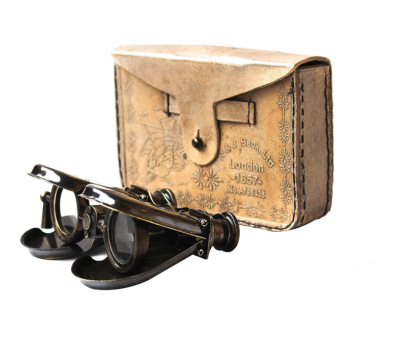Vintage Antique Spy Glass 1857 R & J Beck Brass Binocular with Leather Case