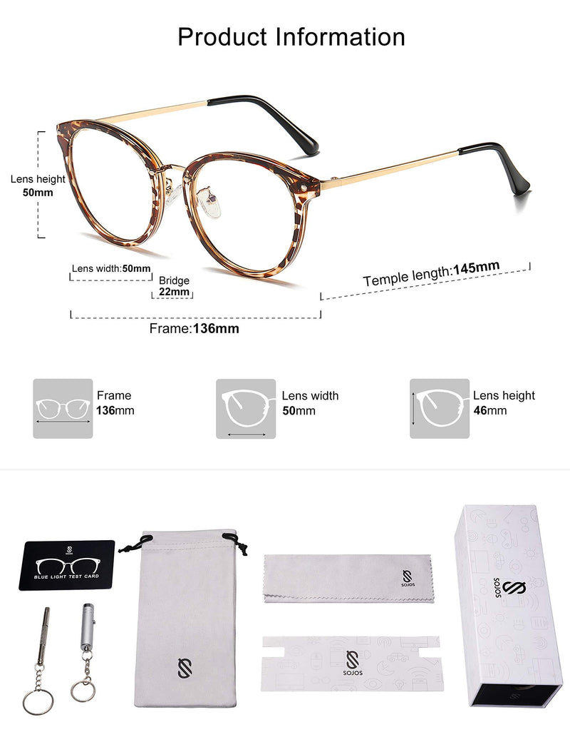 SOJOS Retro Big Round Blue Light Computer Glasses TR90 Eyewear Frame Ashley SJ9001 Leopard