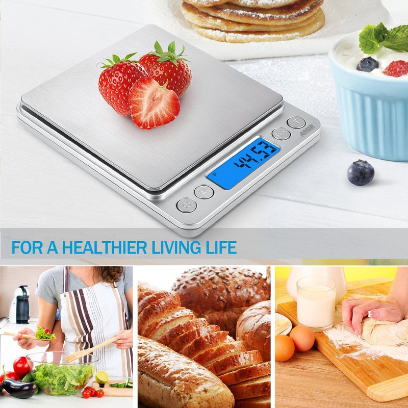 (Upgraded) AMIR Digital Kitchen Scale, 500g Mini Pocket Jewelry Scale, Cooking Food Scale, Back-Lit LCD Display, 2 Trays, 6 Units, Auto Off, Tare, PCS, Stainless Steel, Batteries Included sliver