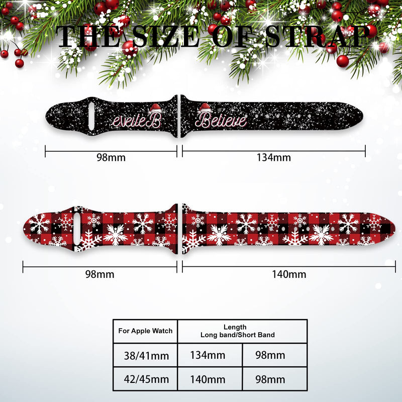 2 Pack Holiday Watch Bands for Apple Watch Band 38mm/40mm/41mm/42mm/44mm/45mm for iWatch SE/Series 7 6 5 4 3 2 1, Replaceable Soft Silicone Cute Pattern Printed Sport Watch Bands Christmas Believe Snowflake