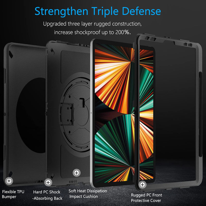 Miesherk iPad Pro 12.9 Case 2021/2020: Military Grade Heavy Duty Shockproof Cover for iPad Pro 12.9 Inch 5th/4th Generation- Pencil Holder - Rotating Stand - Hand/Shoulder Strap - Black iPad Pro 12.9'' 2021 5th Gen Black+Black
