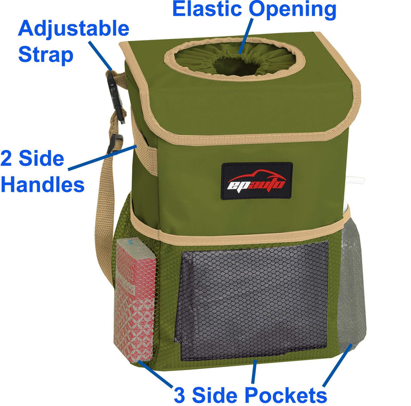 EPAuto Waterproof Car Trash Can with Lid and Storage Pockets, Green