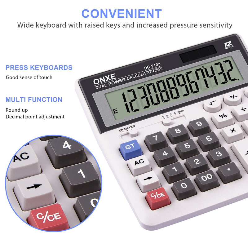 Calculator,ONXE Standard Function Desktop Calculators with Large 12 Digit LCD Display and Big Button, Solar and Battery Dual Power, Financial Accounting Calculator for Office,Desk, Home, School(2133) DC2133