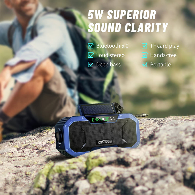 Auto Scan Digital AM FM WB NOAA Weather Radio,Portable Hand Crank Radio with Loud Stereo Bluetooth Speaker,Waterproof Wind Up Solar Emergency Radio,5000mAh Cell Phone Charger,Flashlight,Battery Backup