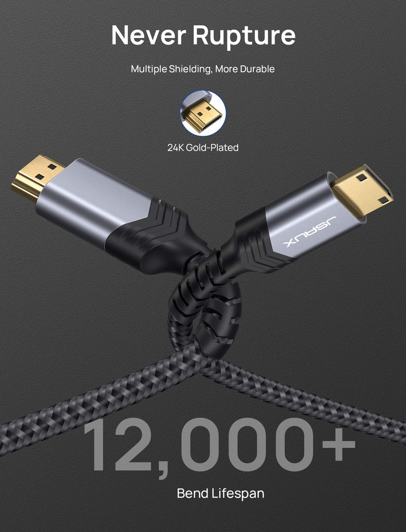 Mini HDMI to HDMI Cable 6FT, JSAUX [Aluminum Shell, Braided] High Speed 4K 60Hz HDMI 2.0 Cord, Compatible with Camera, Camcorder, Tablet and Graphics/Video Card, Laptop, Raspberry Pi Zero W -Grey Grey