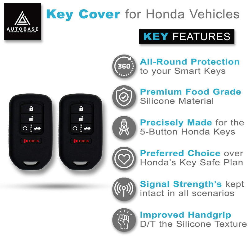 Autobase Silicone Key Fob Cover for Honda Accord Civic CR-V CRV Pilot Passport Insight EX EX-L Touring | Car Accessory | Key Protection Case - 2 Pcs (Black) Black