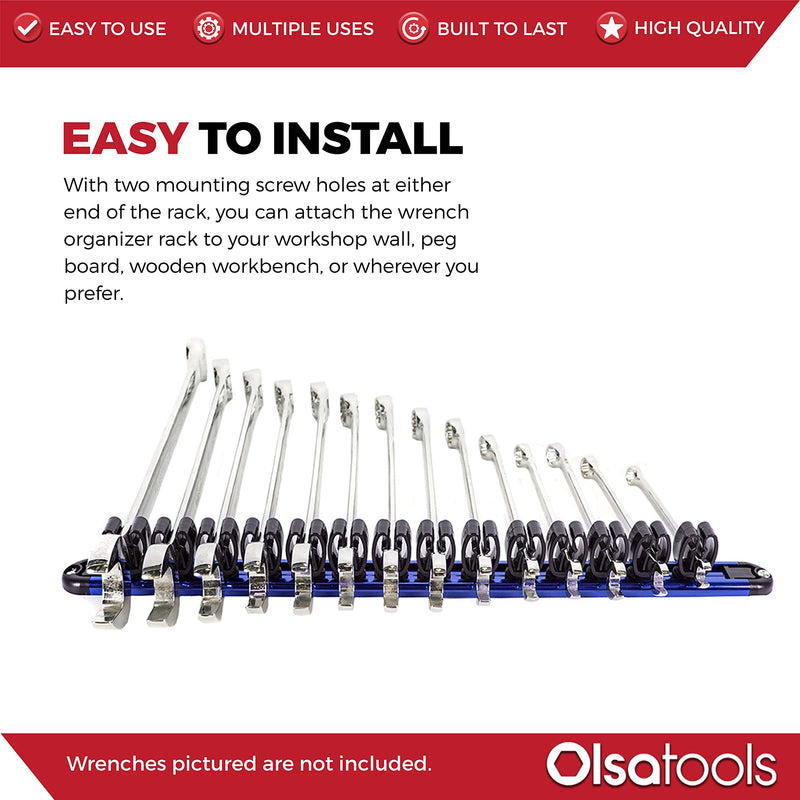 Olsa Tools Wall Mount Wrench Organizer with Rotating Clips | Blue Anodized Aluminum + Black Clips | Premium Quality Wrench Holder | 14 Wrenches Fit Rack Blue Aluminum + Black Clips