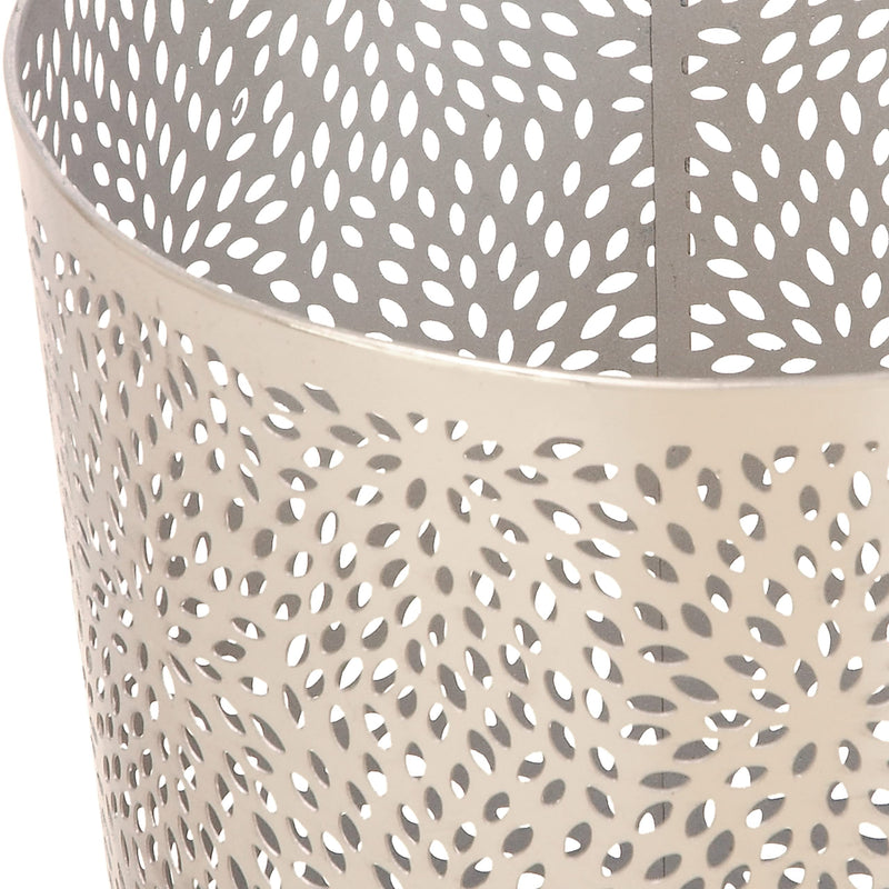 CosmoLiving by Cosmopolitan Metal Cylinder Small Waste Bin with Laser Carved Floral Design, 9" x 9" x 10", Silver Petals