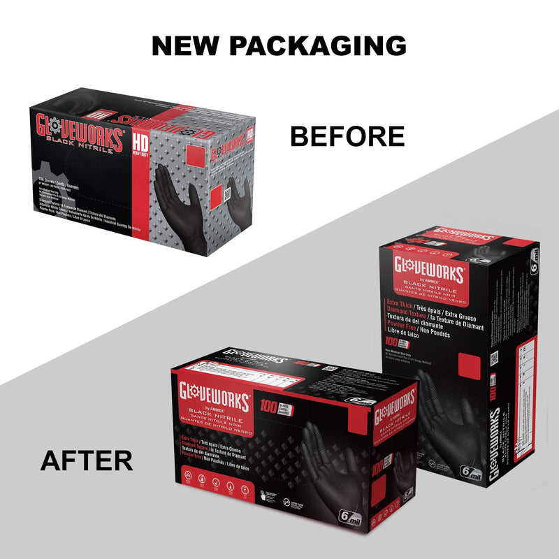 GLOVEWORKS HD Black Nitrile Industrial Gloves, 6 Mil, Raised Diamond Texture Medium Box of 100