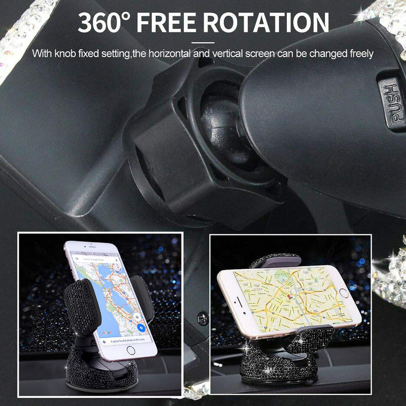 Bling Car Phone Holder, SUNCARACCL 360°Adjustable Crystal Auto Phone Mount Universal Rhinestone Car Stand Phone Holder Car Accessories for Windshield Dashboard and Air Outlet (Black) Black