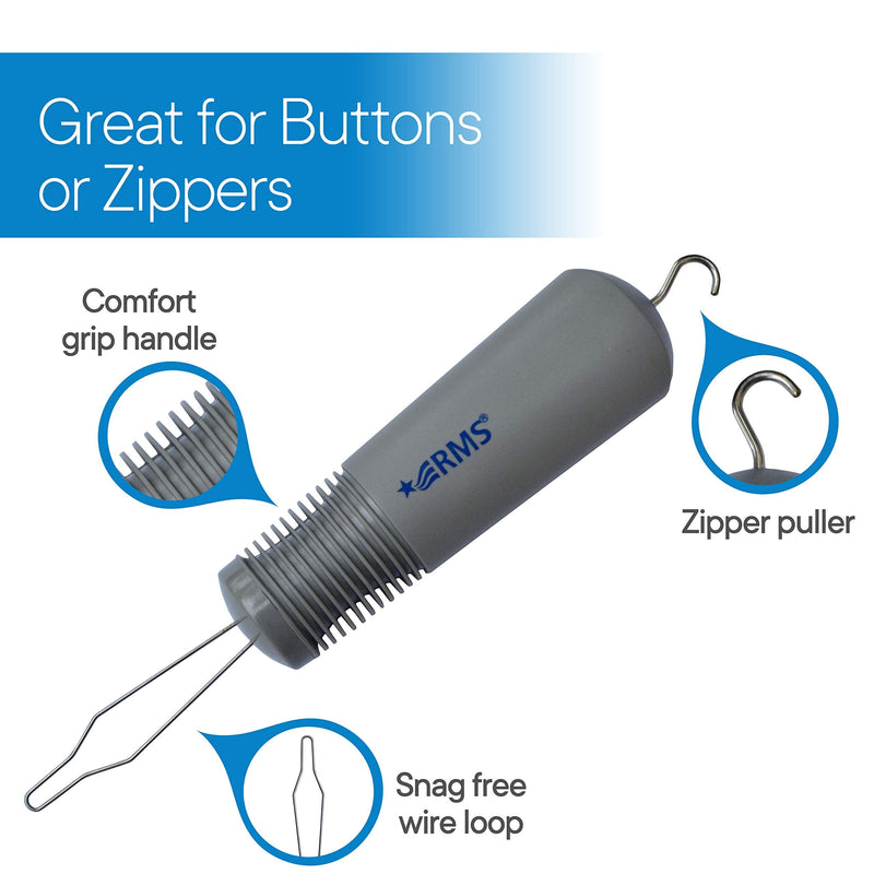 RMS Button Hook with Zipper Pull - Button Assist Device with Comfort & Wide Grip, Shirt & Coat Buttoning Aid Ideal for Limited Dexterity Caused by Arthritis (Grey)