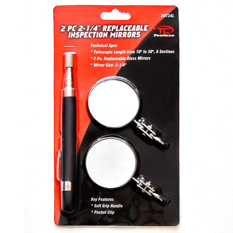 TOOLUXE 20734L Telescoping Inspection Mirror | 30" Retractable Handle | Includes Two 2-1/4" Glass Mirrors Mirror Set