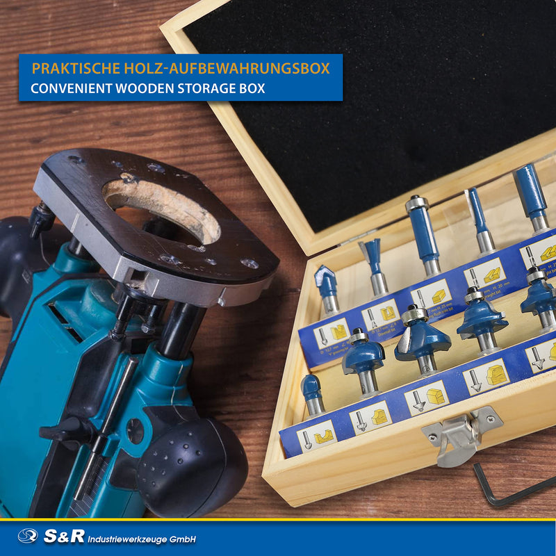 S&R wood milling cutter set HM 15 pieces, wood milling bits for 8 mm shaft, wooden case, forged tool steel, cutting plates made of HM, milling cutter for router in robust wooden box 2. Set of 15 fraises