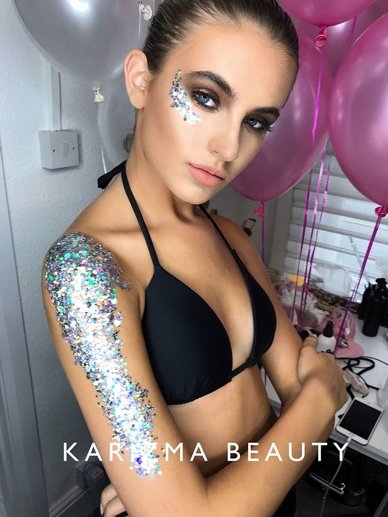 Silver Holographic Chunky Glitter âœ® KARIZMA Beauty âœ® 10g Festival Glitter Cosmetic Face Body Hair Nails Silver Holographic