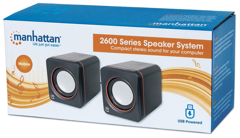 Manhattan USB Powered Stereo Speaker System - Small Size - with Volume Control & 3.5 mm Aux Audio Plug to Connect to Laptop, Notebook, Desktop, Computer - 3 Yr Mfg Warranty - Black Orange, 161435