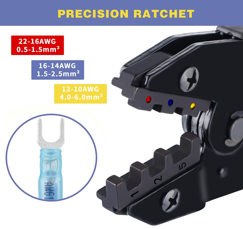 haisstronica Crimping Tool For Heat Shrink Connectors-AWG 22-10 Ratchet Wire Terminal Crimper-Ratcheting Crimper Tools-Available For Insulated Nylon Connectors and Electrical Wire Connectors HS-8327