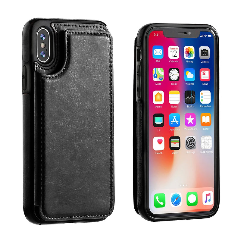 iPhone Xs iPhone X Wallet Case with Card Holder,OT ONETOP Premium PU Leather Kickstand Card Slots Case,Double Magnetic Clasp and Durable Shockproof Cover(Black) iPhone Xs/X 5.8" Black