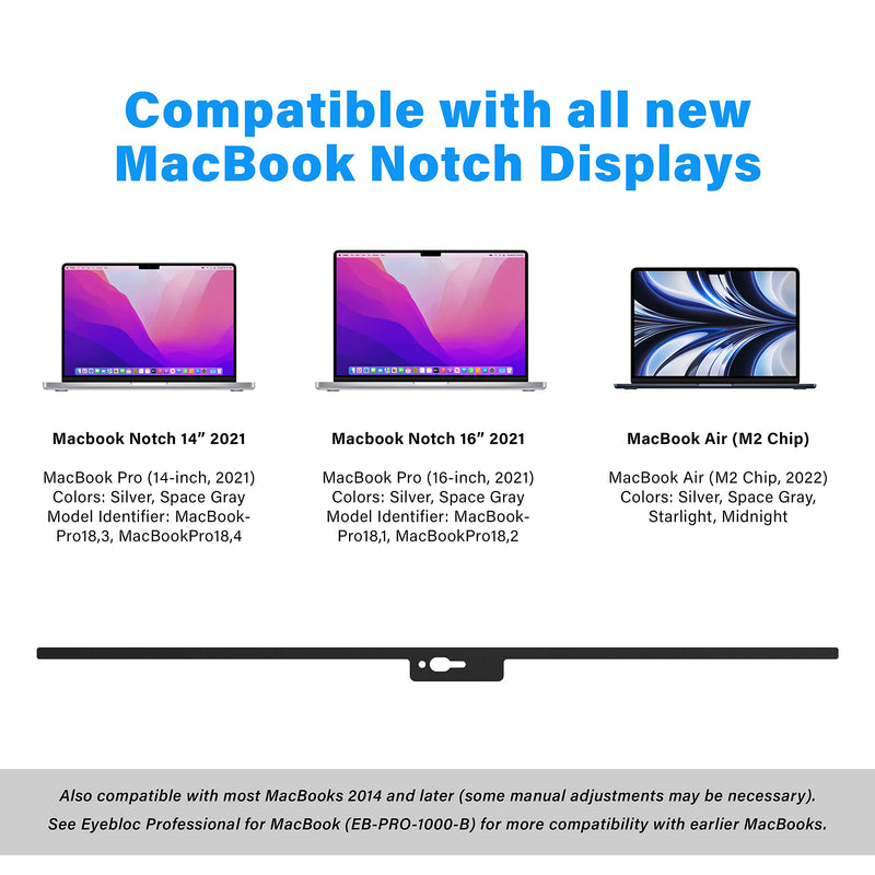 EyeBloc Webcam Cover for MacBook Notch Series 2022. Designed for All 2021 & 2022 MacBook Air & MacBook Pro Notch Displays All Macbooks Models 2021+ (W/Notch)