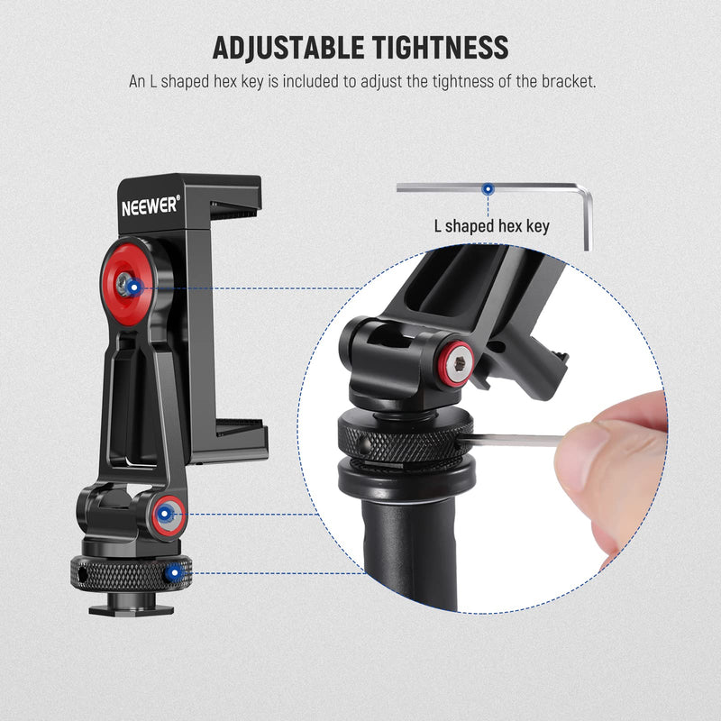 NEEWER Metal Phone Tripod Mount Adapter with Cold Shoe Base, 360° Phone Holder with 2 Cold Shoe Mount for Video Light and Mic for Vlogging, Universal Compatible with iPhone Samsung Huawei, PA001