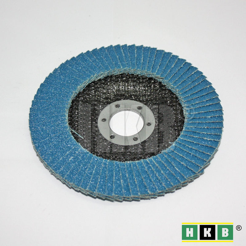 HKB ® Pack of 8 flap discs, 2x each grain 40, 60, 80, 120, grinding disc, grinding mop, 125x22mm, blue, zirconium, for stainless steel, metal, INOX, for flex and angle grinders, item no. 50145