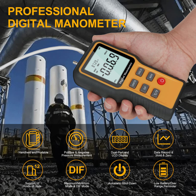 Manometer, Professional Air Pressure Meter, Dual-Port Manometer Gas Pressure Tester,12 Selectable Units Differential Pressure Gauge, HVAC Digital Manometer, Gas Pressure Tester