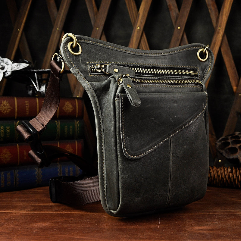 Le'aokuu Mens Genuine Leather Cycling Waist Hip Bum Pack Utility Drop Leg Cross Over Bag (Grey 2) 211-3 Grey 2