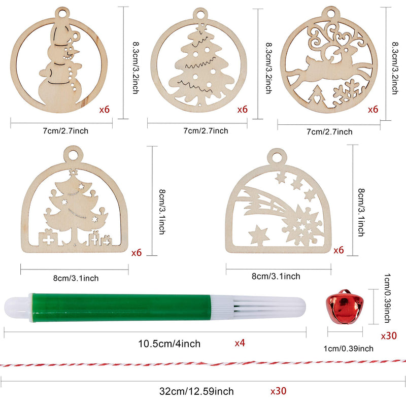 Artmag 30pcs Unfinished Wooden Hanging Ornaments for Christmas Decorations,5 Styles DIY Wood Slices with Holes for Kids Crafts Centerpieces Holiday Hanging Decorations 30pcs with gift box