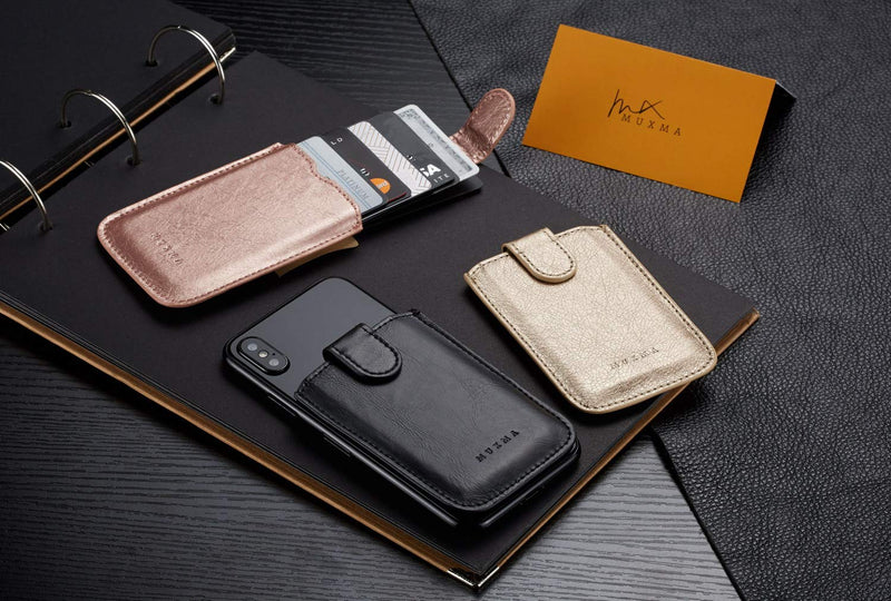 Phone Card Holder RFID Blocking Sleeve, Pu Leather Back Phone Wallet Stick-On Pull up 5 Card Holder Universally Pocket Covers Credit Cards Cash for iPhone/Android/Samsung/All Smartphones (Black) Black
