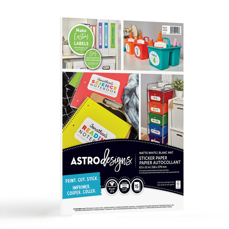 AstroDesigns Sticker Paper, 8.5"x11", 24lb/89gsm, White, 15 Sheets (91296-02)