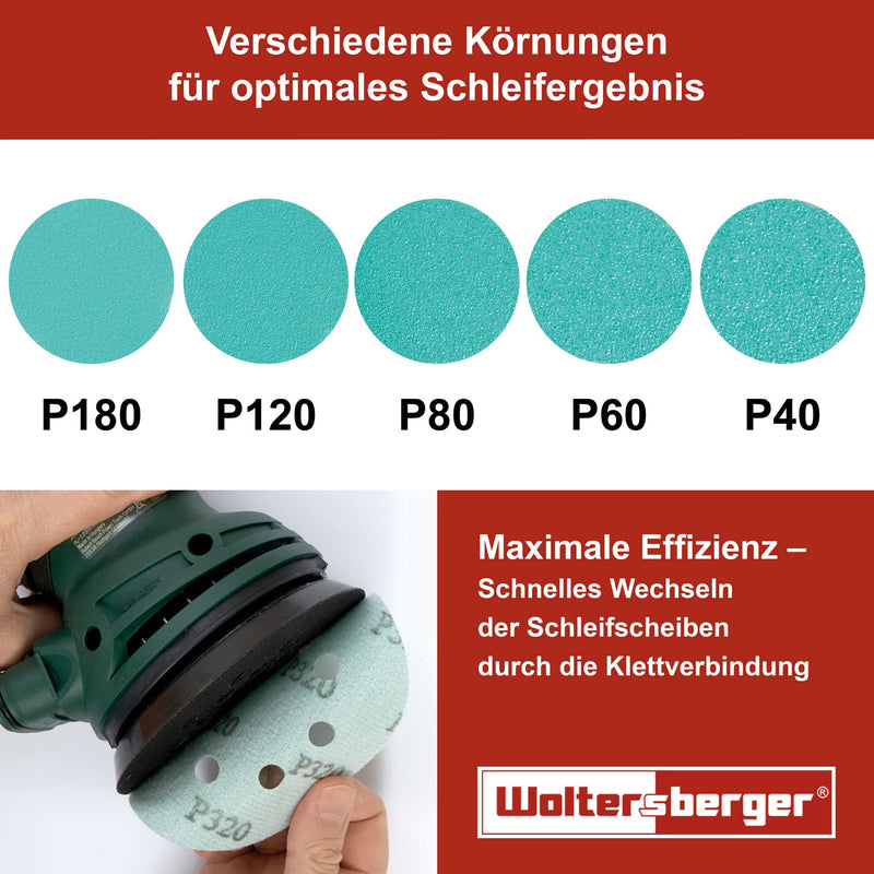 Woltersberger® 50 pieces eccentric sanding discs Ø 150mm | Grain P80 | 15 holes in green | Sandpaper for optimal sanding, versatile use 1