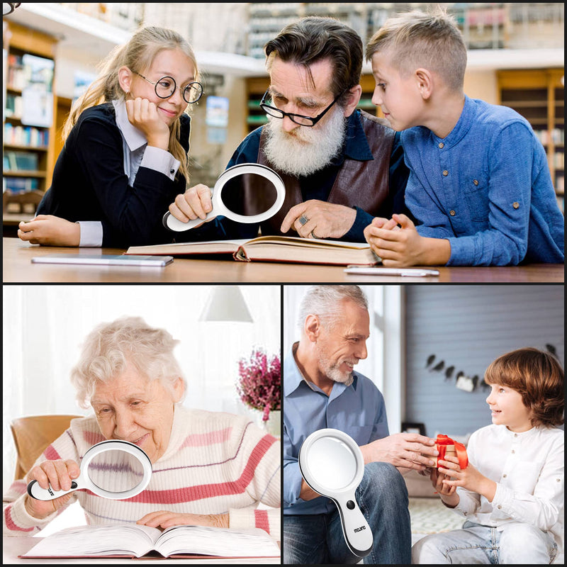 Magnifying Glass with Light, MOJINO 10X Lighted Large Handheld Reading Magnifier Glasses with 18 LED Lights for Macular Degeneration, Seniors & Kids Reading, Inspection, Coins, Jewelry, Exploring White