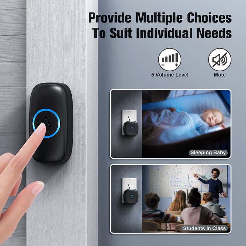 SECRUI Wireless Doorbell with 2 Receivers, Waterproof Mini Doorbell 1,000ft Range 110dB Mute Mode 58 Door Chimes & Colorful LED Flashing - Black 1 Push Button 2 Receivers