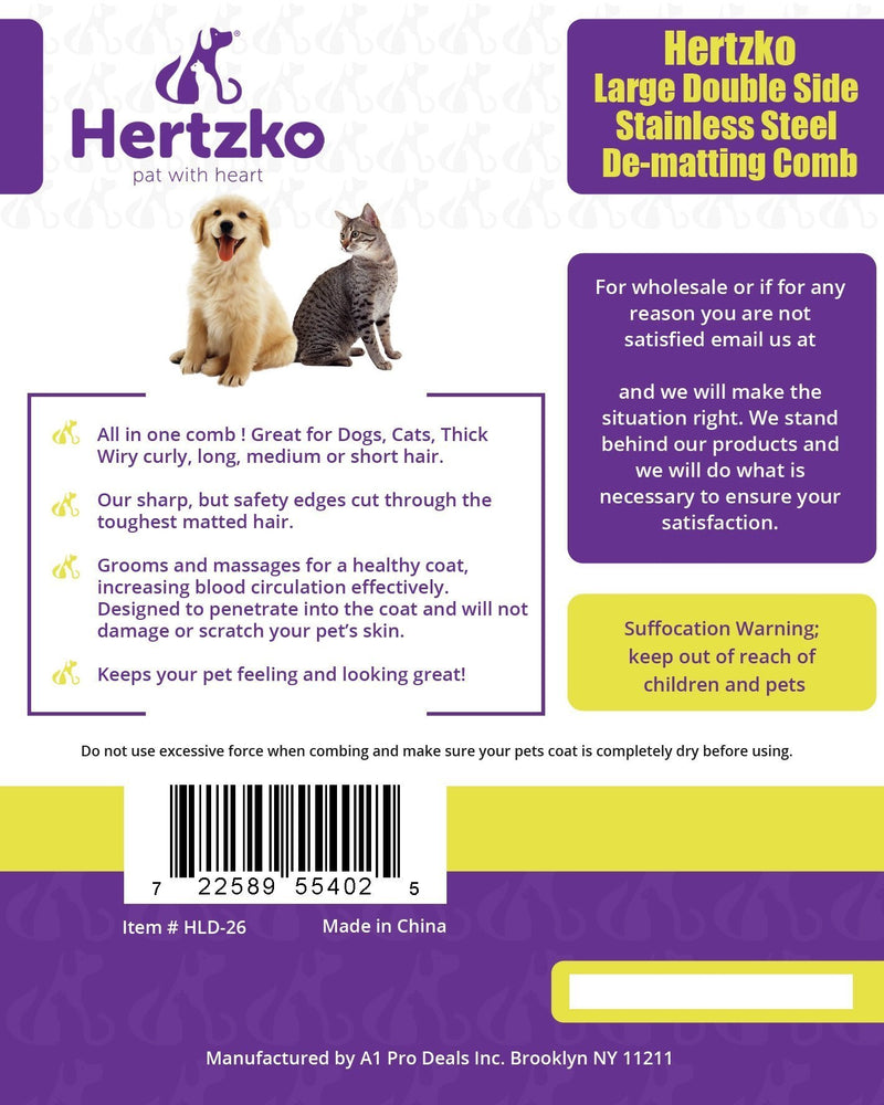 Dematting Comb with Double Sided Professional Rake By Hertzko - Suitable for Dogs and Cats - Removes Loose Undercoat, Tangles, Mats and Knots - Great Grooming Tool for Brushing and Deshedding
