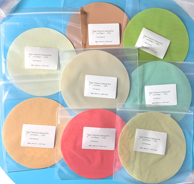 8 Sheet Variety grit (0.5，1,3, 9, 15, 30,45 and 60 microns) Diamond Lapping Microfinishing Film 5 inch (PSA) PSA