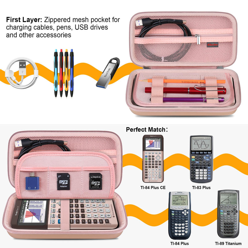 Elonbo Hard Travel Case for Texas Instruments TI-84 Plus CE/TI-84 Plus/TI-83 Plus CE Color Graphing Calculator, Extra Zipped Pocket fit Charging Cable Charger Manual. Rose Gold