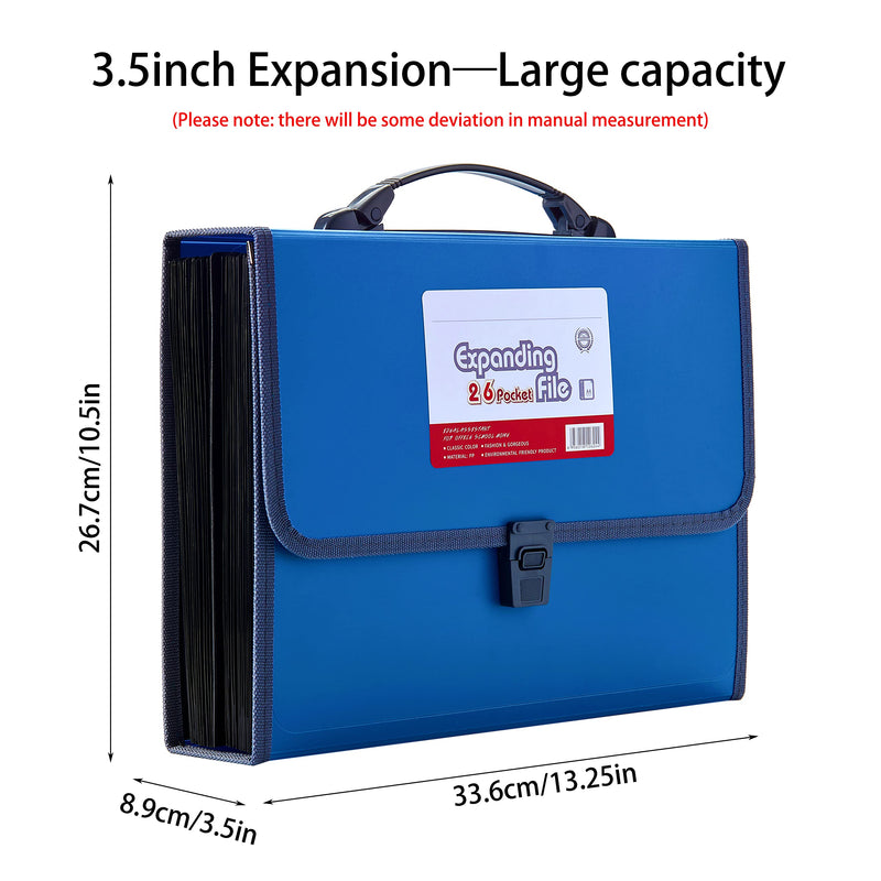 FANWU 26 Pockets Expanding File Accordion Folder with Handle - Letter A4 Paper Size - Expandable Large Plastic File Folder Wallet Monthly Portable Document Organizer with Flap & Buckle (Blue) Blue