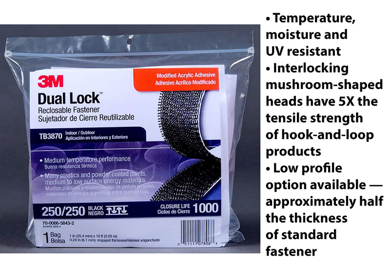 3M Dual Lock Reclosable Fasteners, Heavy Duty Industrial Use, Clear, TB3870, 1" x 10 ft Mated Strip, Indoor/Outdoor Use, Great for Metal, Acrylic, PC, ABS, Powder Coated Paints