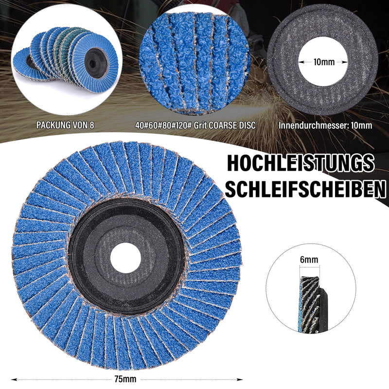 HATANSE Pack of 8 serrated discs, diameter 76 mm x 10 mm, sanding discs, sanding mop plates, 40, 60, 80, 120 grit set of flap discs for angle grinder, polishing machine