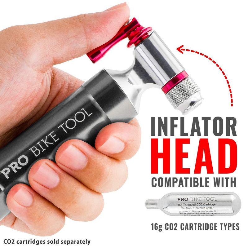PRO BIKE TOOL CO2 Inflator with Cartridge Storage Canister - Quick, Easy and Safe - for Presta and Schrader - Bicycle Tire Pump for Road and Mountain Bikes - No CO2 Cartridges Included Titanium / Red