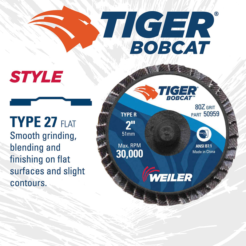 Weiler 50959 2" Bobcat Mini Abrasive Flap Disc, Flat (TY27), Type R Mount, 80Z (Pack of 10) 80 Grit R Mount TYPE 27