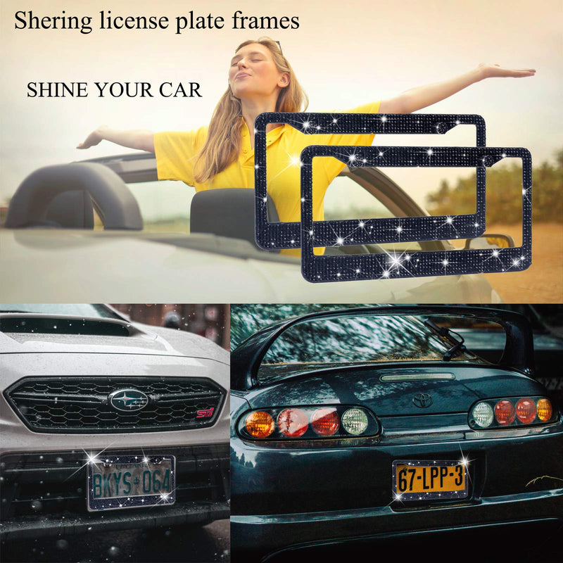 Shering Bling License Plate Frame, 2 Pack License Plate Frame with Premium Gift Box for Women,Rhinestone License Plate Frames with 1200pcs Rhinestones (Black Rhinestones) Black Rhinestones