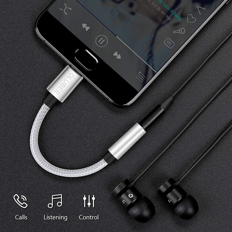 GLUBEE USB C to 3.5MM Headphone Jack Adapter, USB C to Audio, USB Type-C to 3.5MM Adapter Braided Nylon Cable DAC Adapter Compatible with Most USB-C Smart Phones 1 pcs