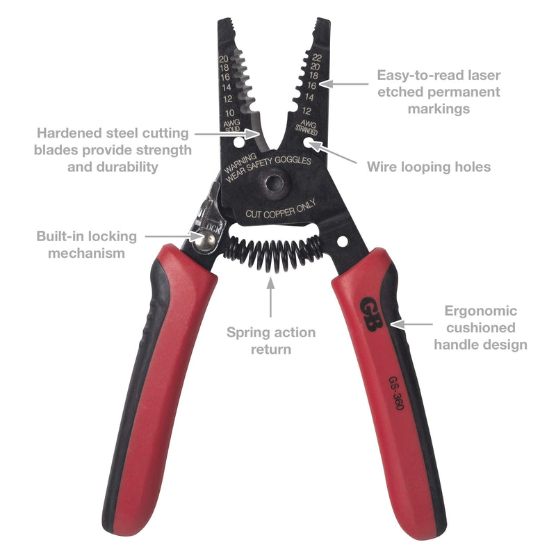 Gardner Bender GS-360 Electrical Wire Stripper & Lock Tool, Comfort Grip, Solid & Stranded Wire, 10-20 AWG,Red Stripper w/ Lock