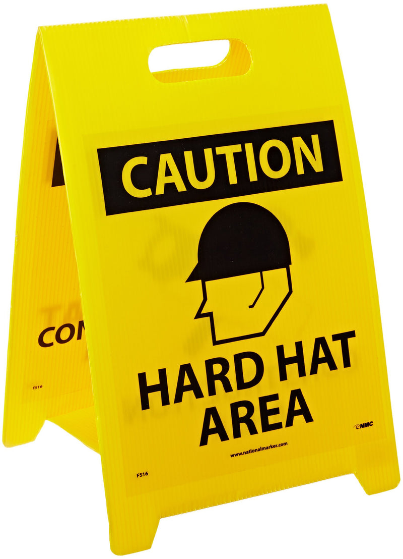 NMC FS16 Double Sided Floor Sign, Legend "CAUTION - HARD HAT AREA CONSTRUCTION AREA" with Graphic, 12" Length x 20" Height, Coroplast, Black on Yellow