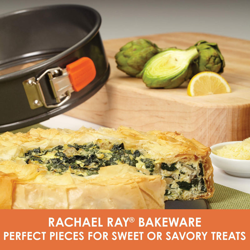 Rachael Ray Oven Lovin' Nonstick Bakeware Springform Baking Pan With Grips / Nonstick Springform Cake Pan With Grips / Nonstick Cheesecake Pan With Grips, Round - 9 Inch, Gray Gray with Orange Spring Form Pan