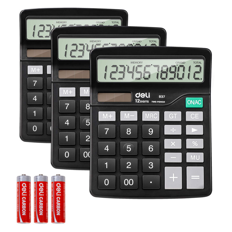 Calculator, Deli Standard Function Desktop Calculators with 12 Digit Large Display, Solar Battery LCD Display Office Calculator, Black 1
