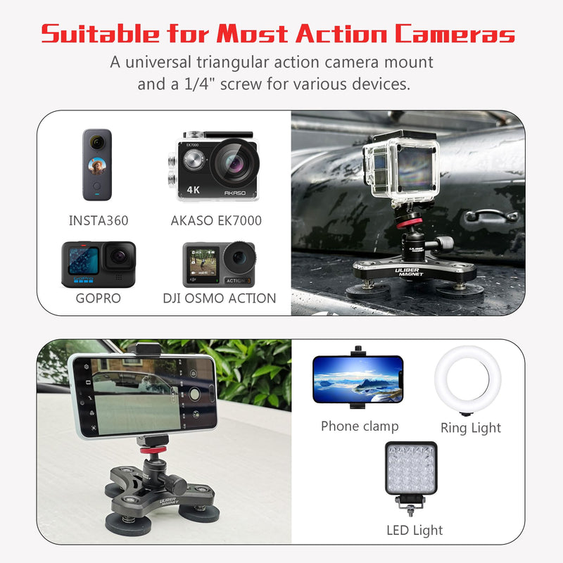 ULIBERMAGNET Magnetic Action Camera Mount,Solid Aluminum Magnetic Mount Tripod with Mini Ball Head,Strong Rubber Coated Magnet with 1/4’’-20 Male Thread Stud for Mobile Camera,GoPro,Security Camera 3*1.69INCH Magnetic Tripod Camera Mounts