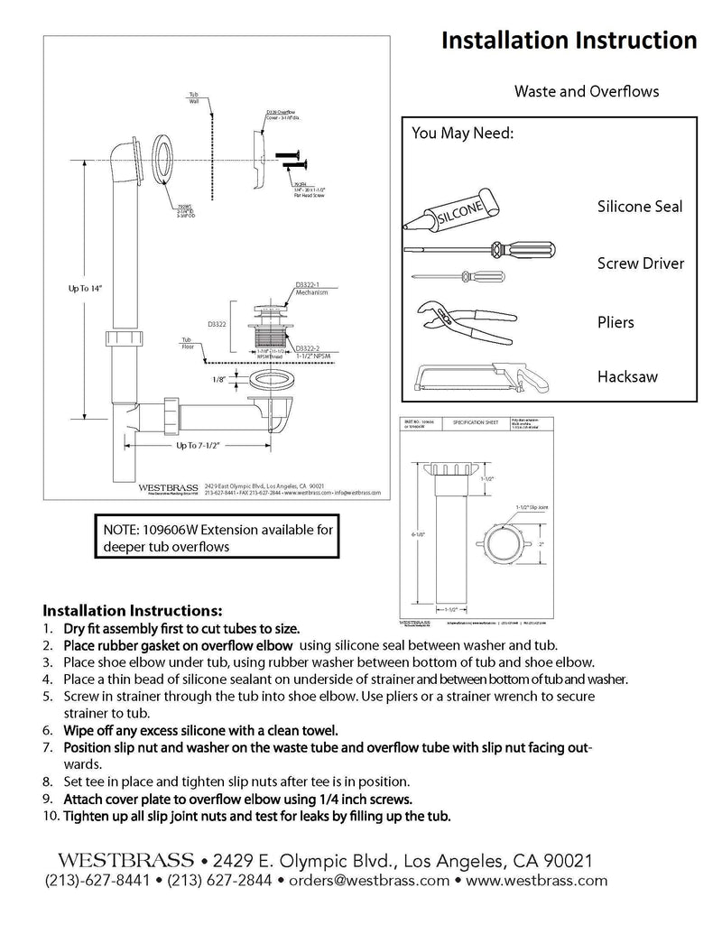 Westbrass 593144-62 Black 1-1/2" Tubular Tip Toe Bath Waste Drain Kit, Matte Black 1 Pack