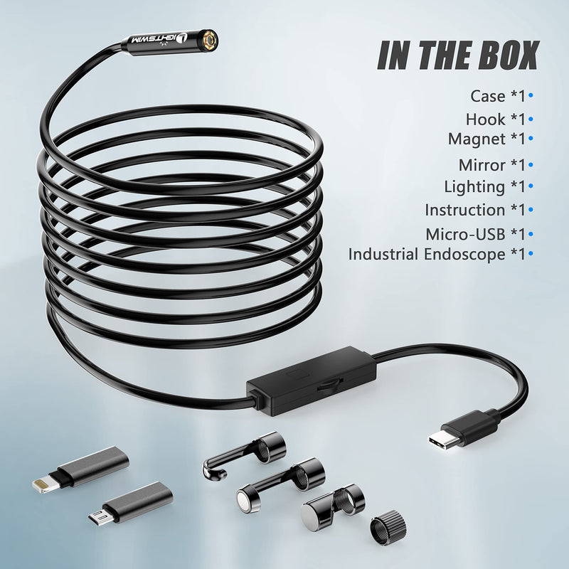 Lightswim 1920P Dual Lens Endoscope Snake Inspection Camera, Type C Endoscope, Scope Camera with 8 LED Lights for Android and iOS Smartphone, iPhone, iPad, Samsung (16.5FT/5M)