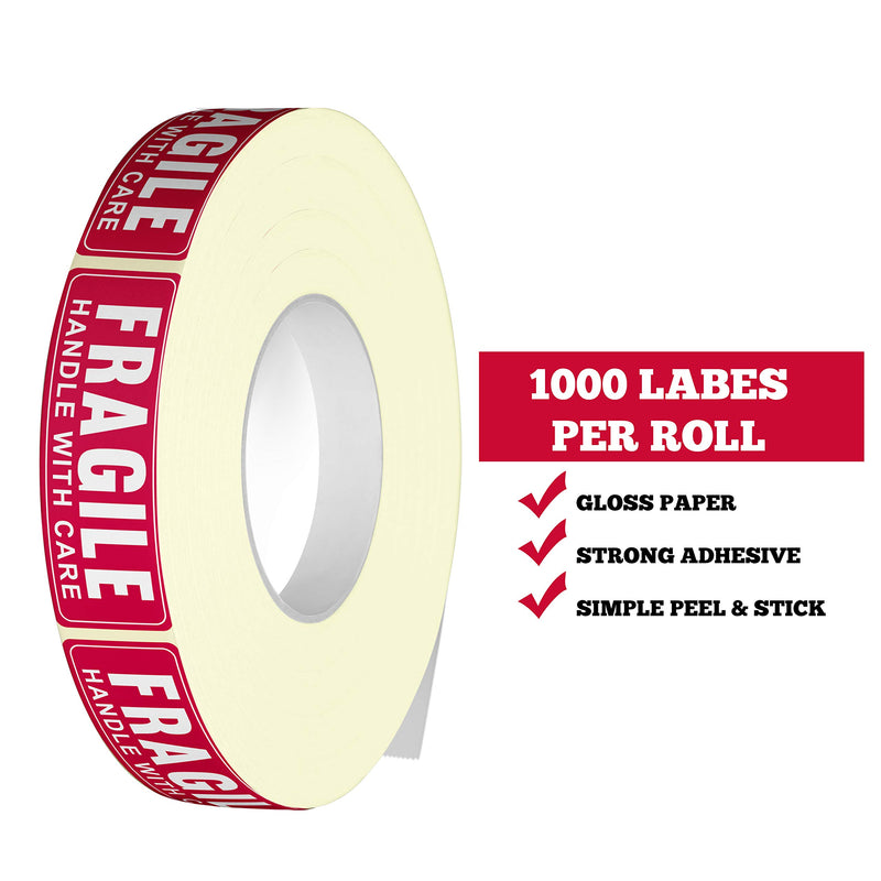 1” X 3” Fragile Handle with Care Warning Stickers, Fragile Tape for Packing and Shipping, Permanent Adhesive Labels 1000 Per Roll (1 Pack)